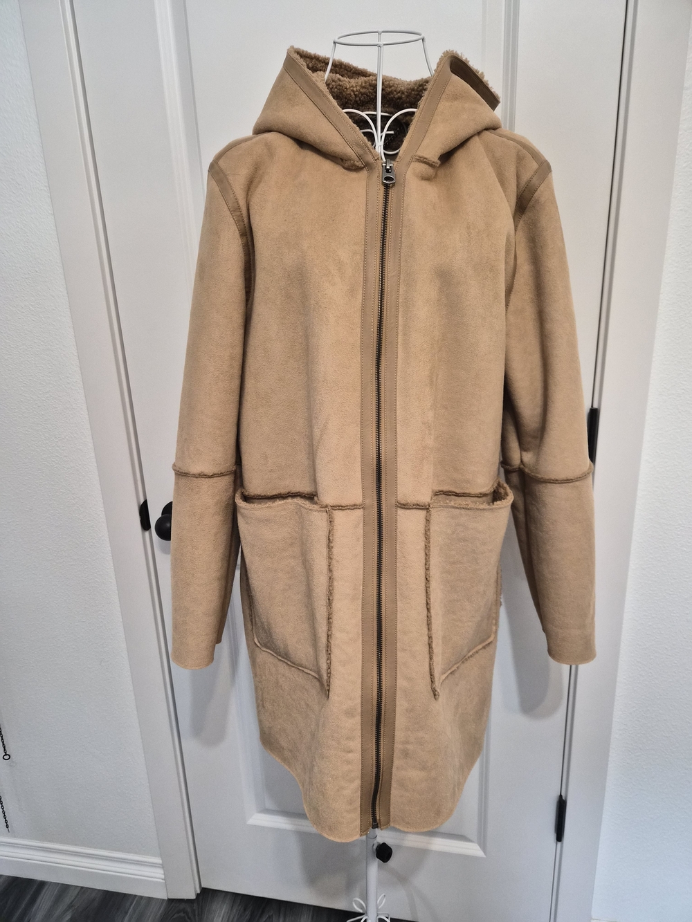 Women's Hooded Faux-Shearling Coat in Camel